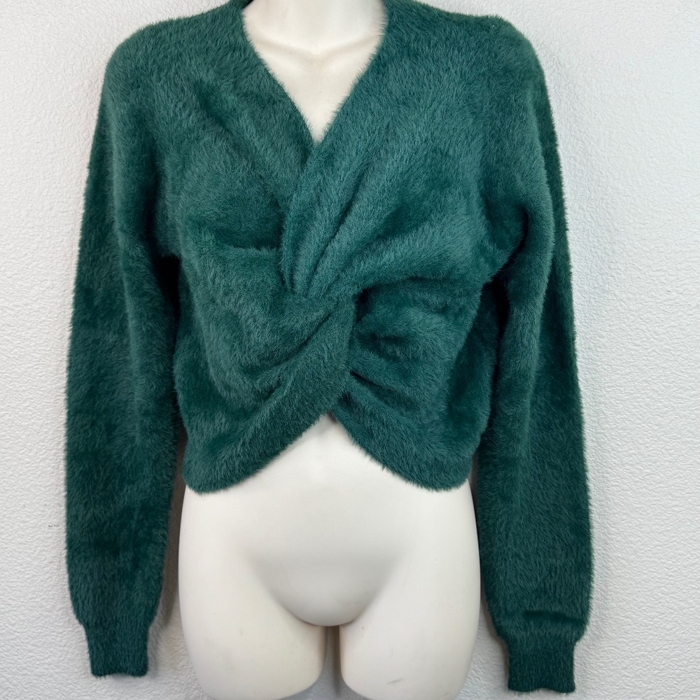 Love Tree Womens Green Faux Fur Long Sleeve Knot Front Crop Sweater Top Large L
